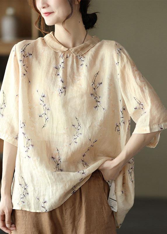 Diy Orange Print Ramie Half Sleeve Shirt Summer