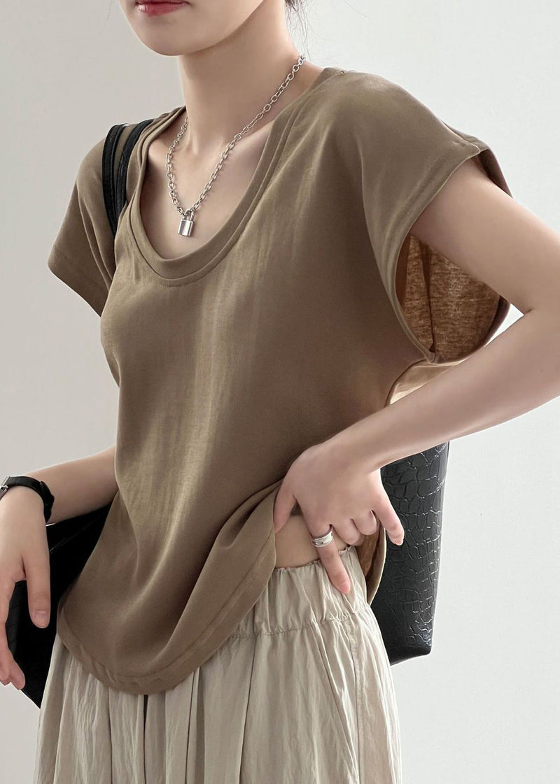 Simple Coffee O Neck Cotton T Shirt Summer