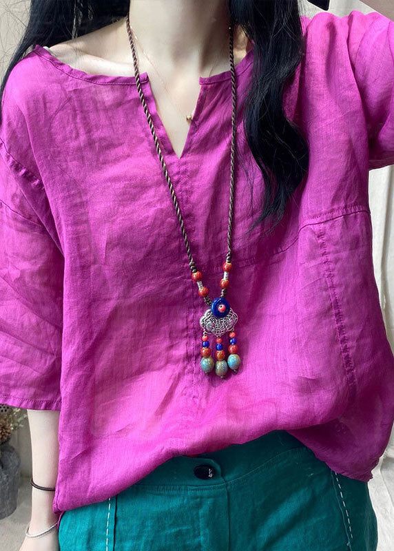 Purple V Neck Patchwork Linen Tops Short Sleeve