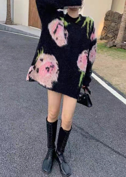 Black O Neck Cozy Cotton Knit Mid Dress Long Sleeve