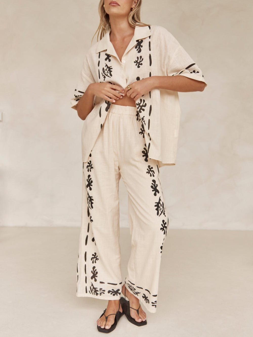 Wide Leg Black Printed Cream Pants
