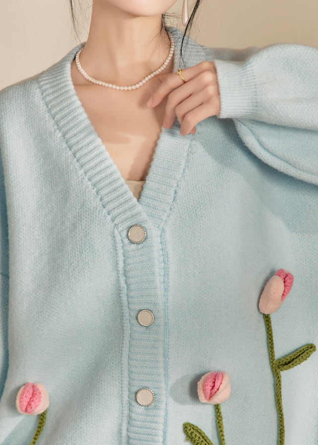 Loose Cozy Blue V Neck Knit Cardigan Fall