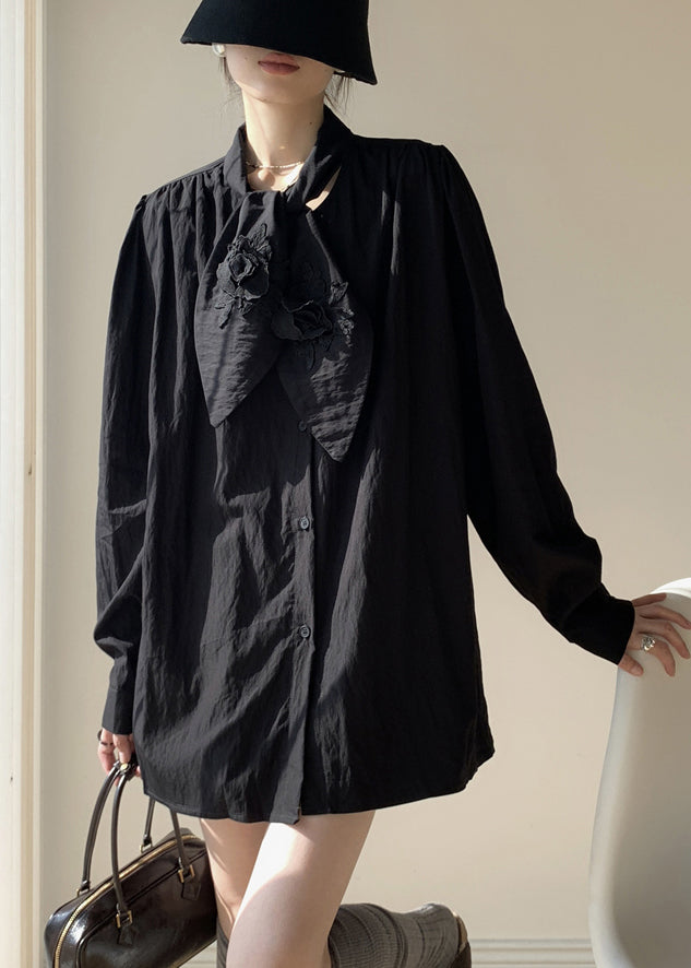 Black Button Loose Cotton Fall Shirt Bow