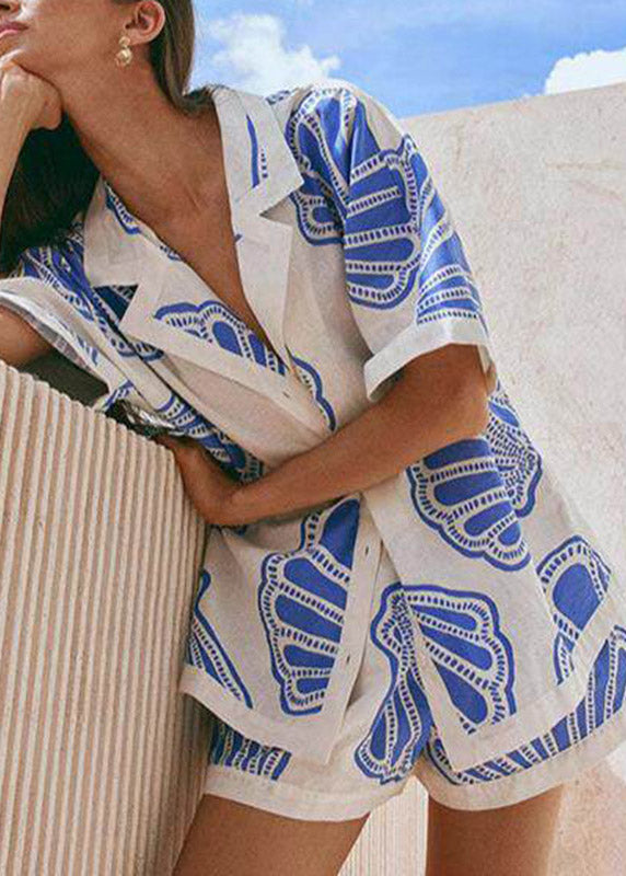 Blue Notched Print Shirts and Shorts Pajama Set