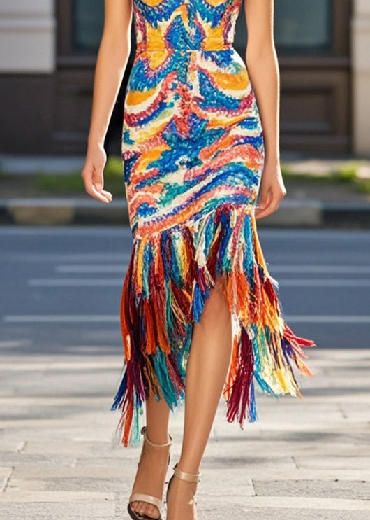 Tasseled Print Knit Party Dress Summer