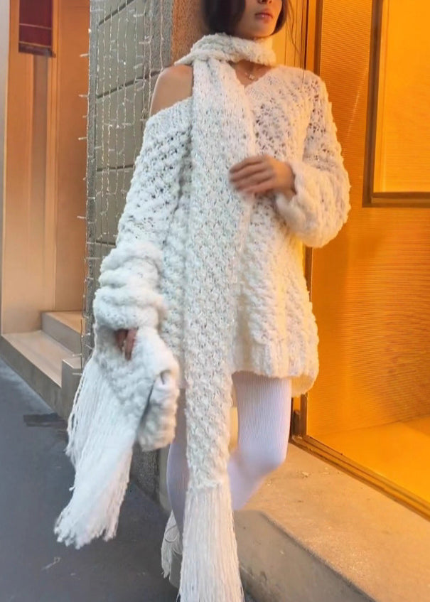 White Slash Neck Hollow Out Knit Sweaters Tops Fall