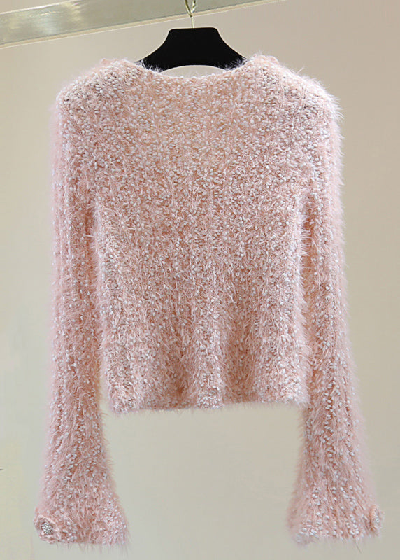 Pink O-neck Ma Hai Mao Cotton Knit Sweaters Winter