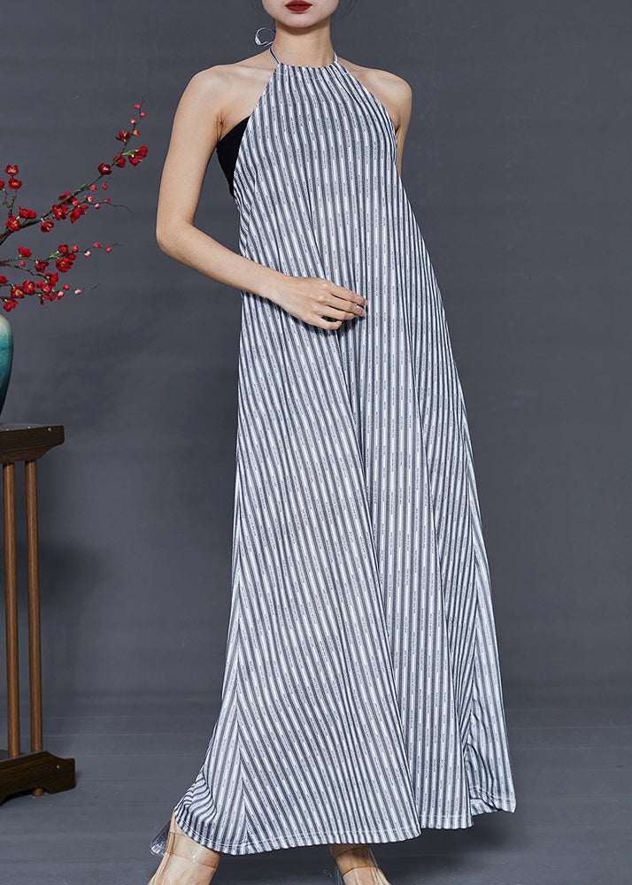 Grey Striped Backless Cotton Beach Dress Summer