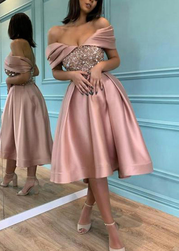 New Pink Cold Shoulder Sequins Silk Party Dress Fall