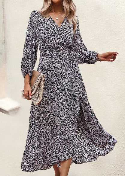 Blue V Neck Print Ruffled Lace Up Chiffon Dress Long Sleeve