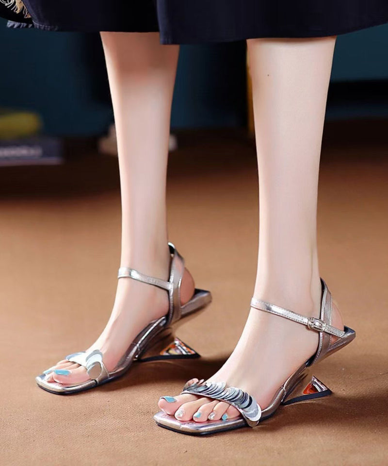 Silver Wedge Sandals Black Faux Leather Peep Toe
