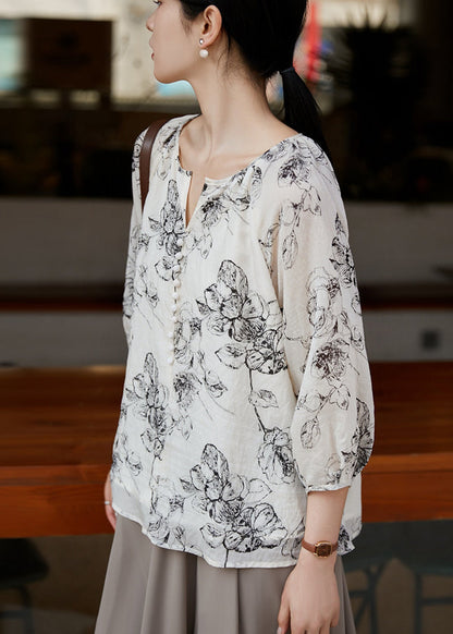 White Oversized Print Cotton Shirts Bracelet Sleeve