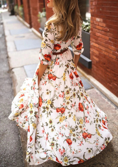 Pattern Crew Neck Maxi Dress Lantern Sleeve
