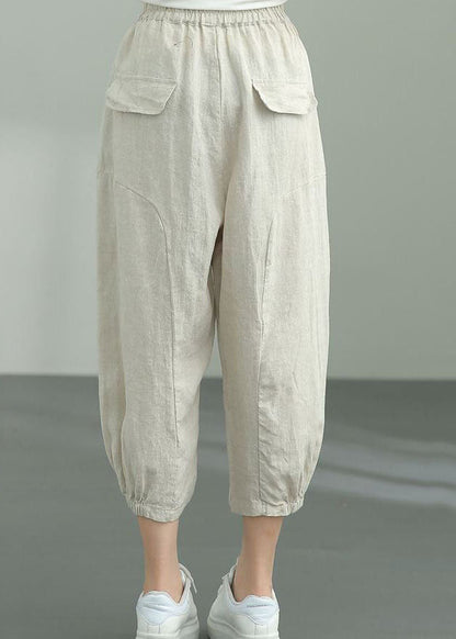 Beige Pockets Patchwork Linen Lantern Pants Summer