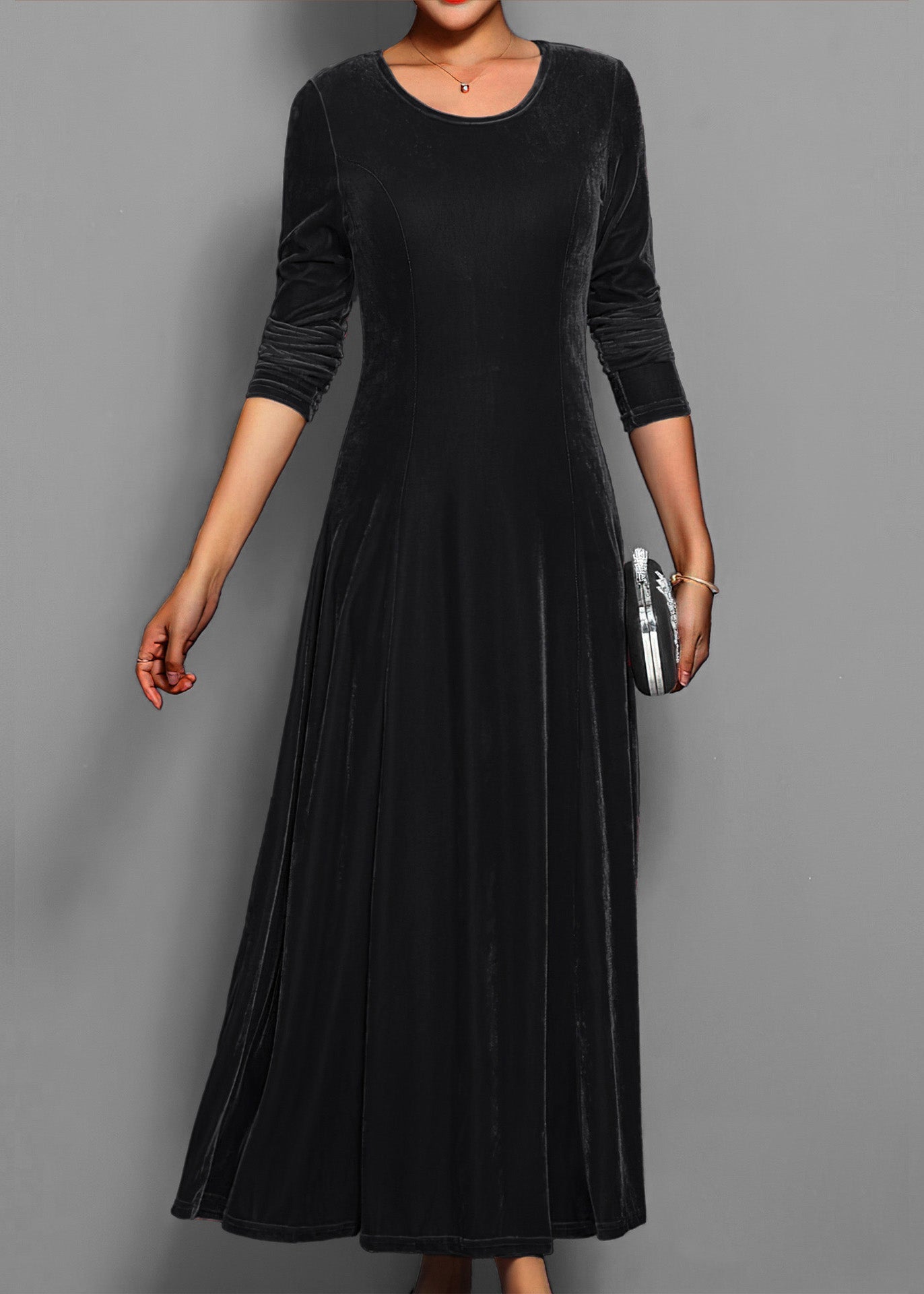 Classy Blue O Neck Slim Fit Velvet Long Dress Fall