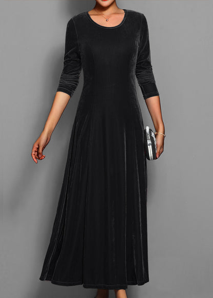 Classy Blue O Neck Slim Fit Velvet Long Dress Fall
