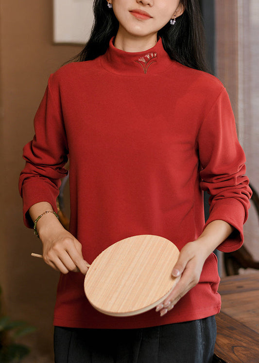 Original Red Hign Neck Embroidered Cotton T Shirt Spring