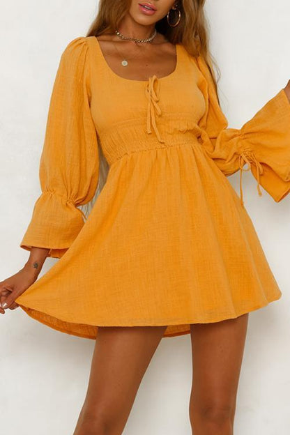 Cotton and Linen Elastic Waist Flared Sleeve Dress