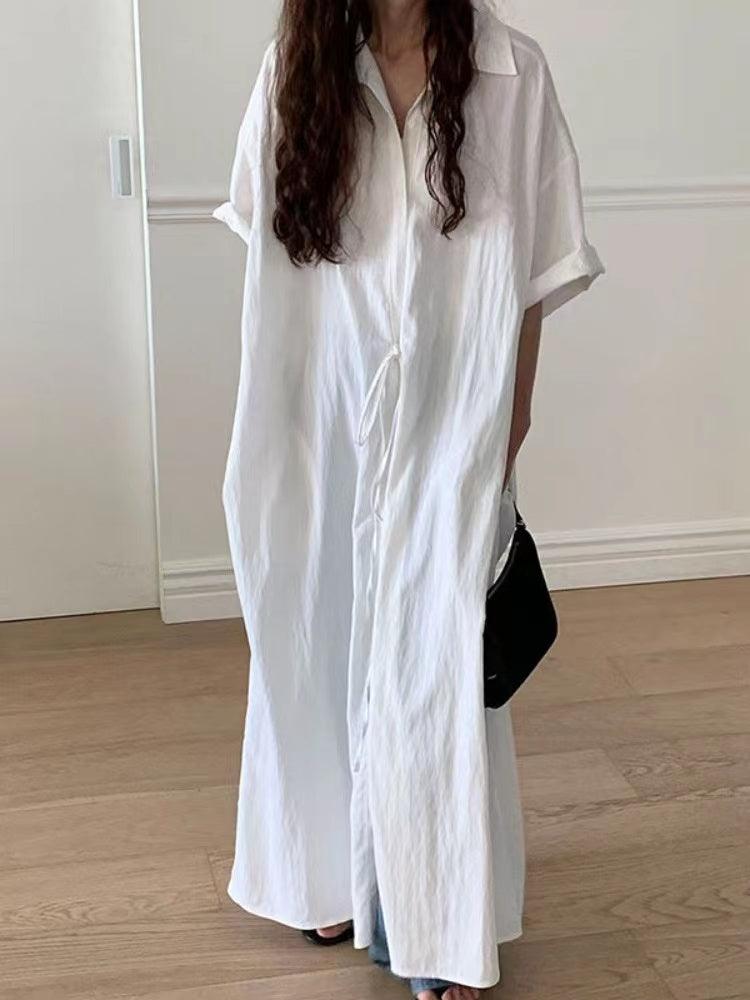 White Lapel Short Sleeve Shirt Dress