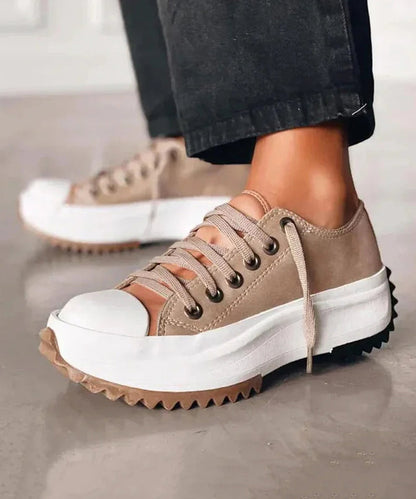 Khaki Canvas Lace Up Splicing Platform Flat Shoes