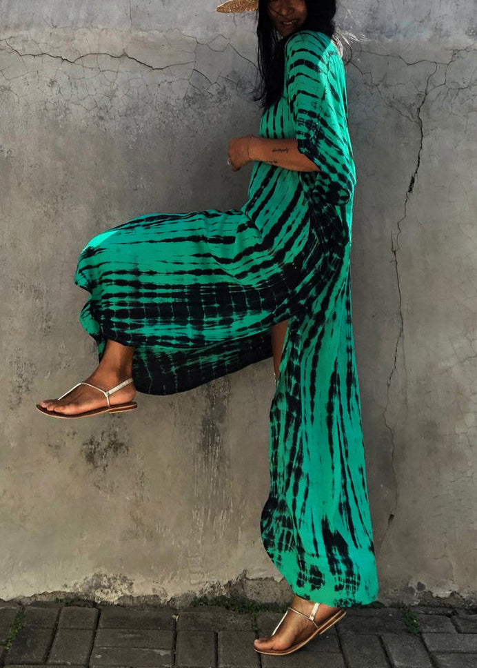 Boutique Green V Neck Tie Dye Cotton Long Dress Summer