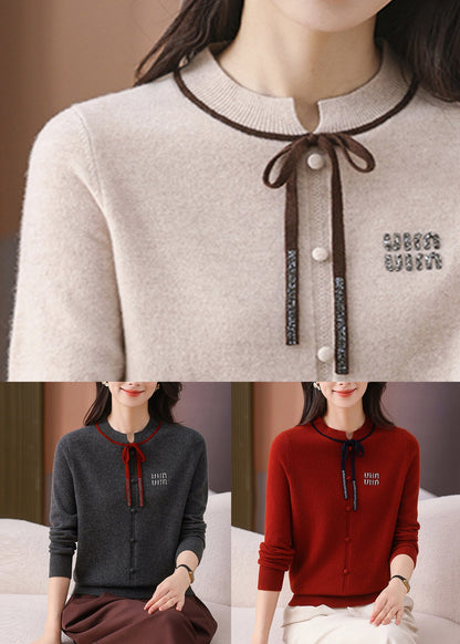 Dark Gray O Neck Lace Up Woolen Short Sweater Winter