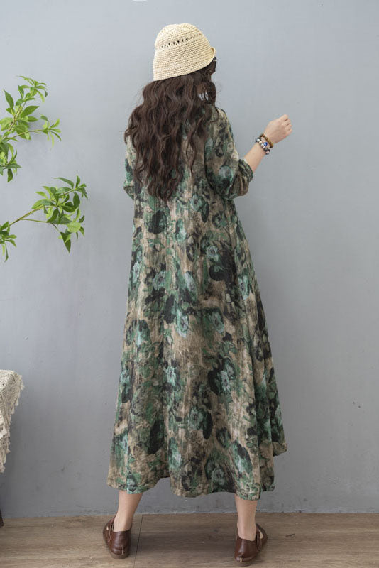 Spring Retro Printed Long Skirt Long Sleeve Cotton Linen Dress