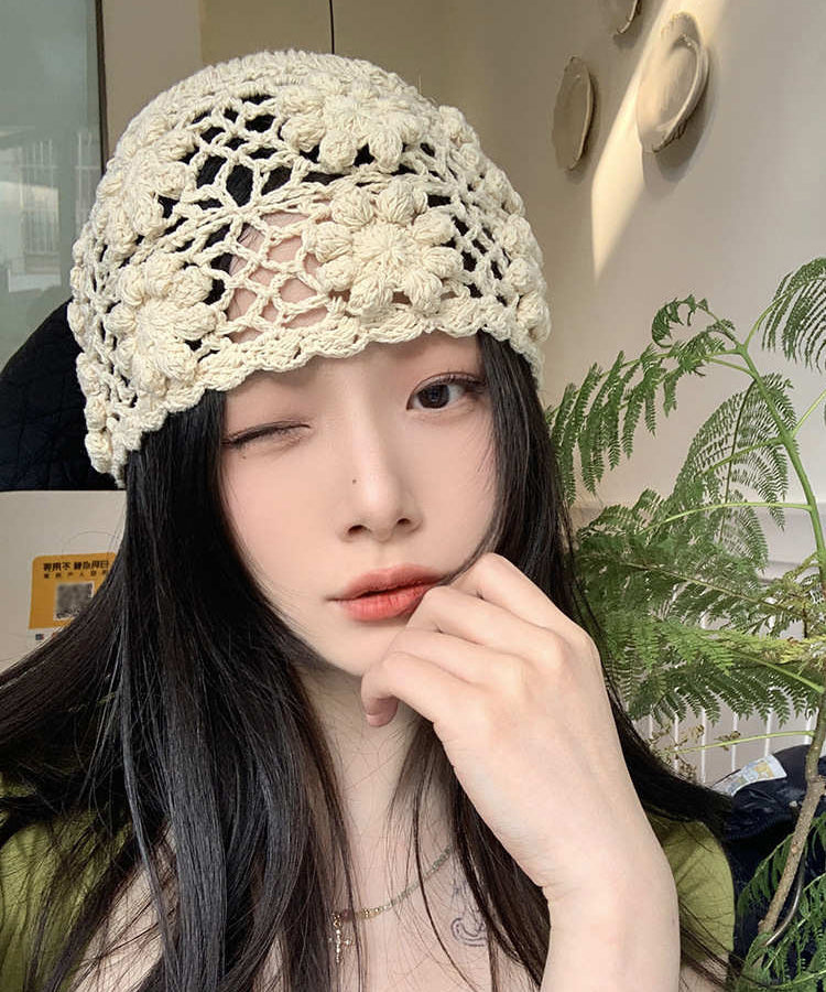 Handmade Beige Hollow Out Knit Boonie Hat