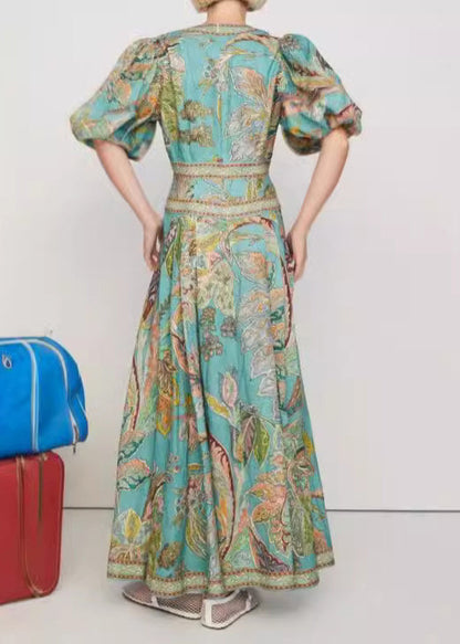 Green V Neck Print Slim Fit Cotton Dresses Lantern Sleeve
