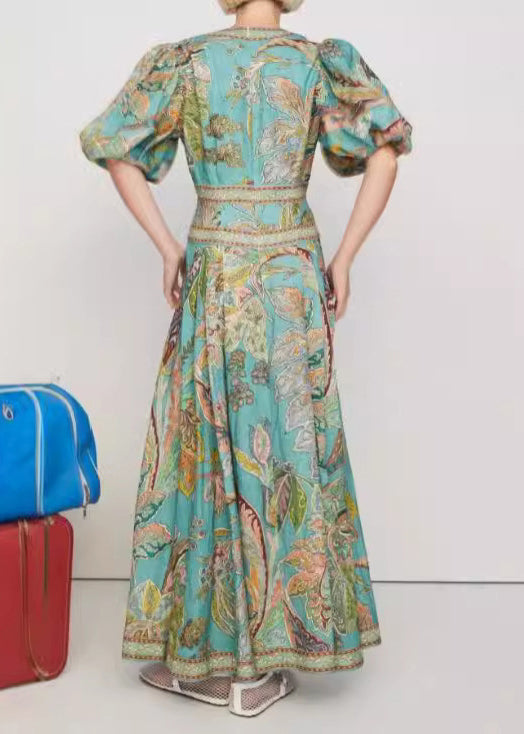 Green V Neck Print Slim Fit Cotton Dresses Lantern Sleeve