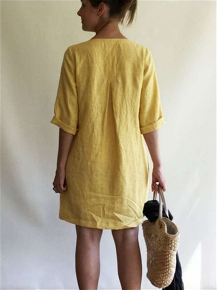 V-neck Color Cotton Linen Loose Dresses
