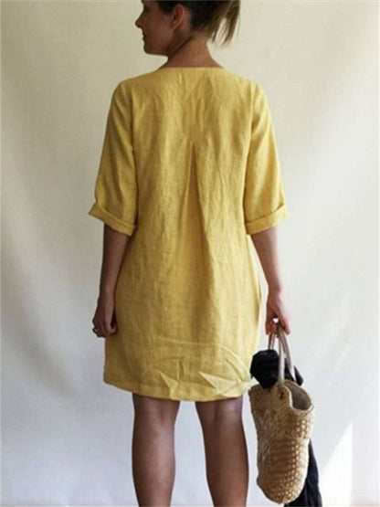 V-neck Color Cotton Linen Loose Dresses
