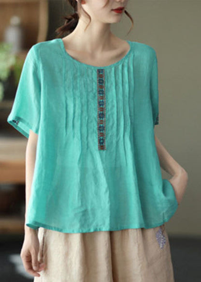 Lake Green O-neck Linen Tops Short Sleeve