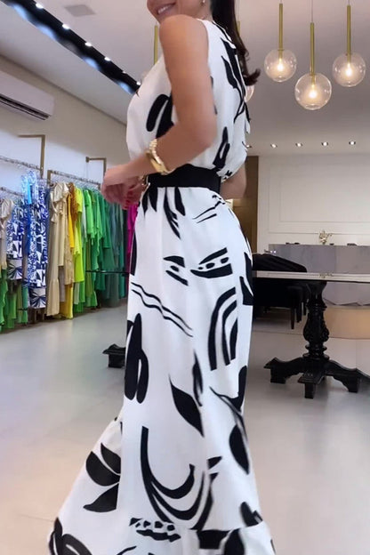 Print Lace Up With Belt O Neck Long Dresses