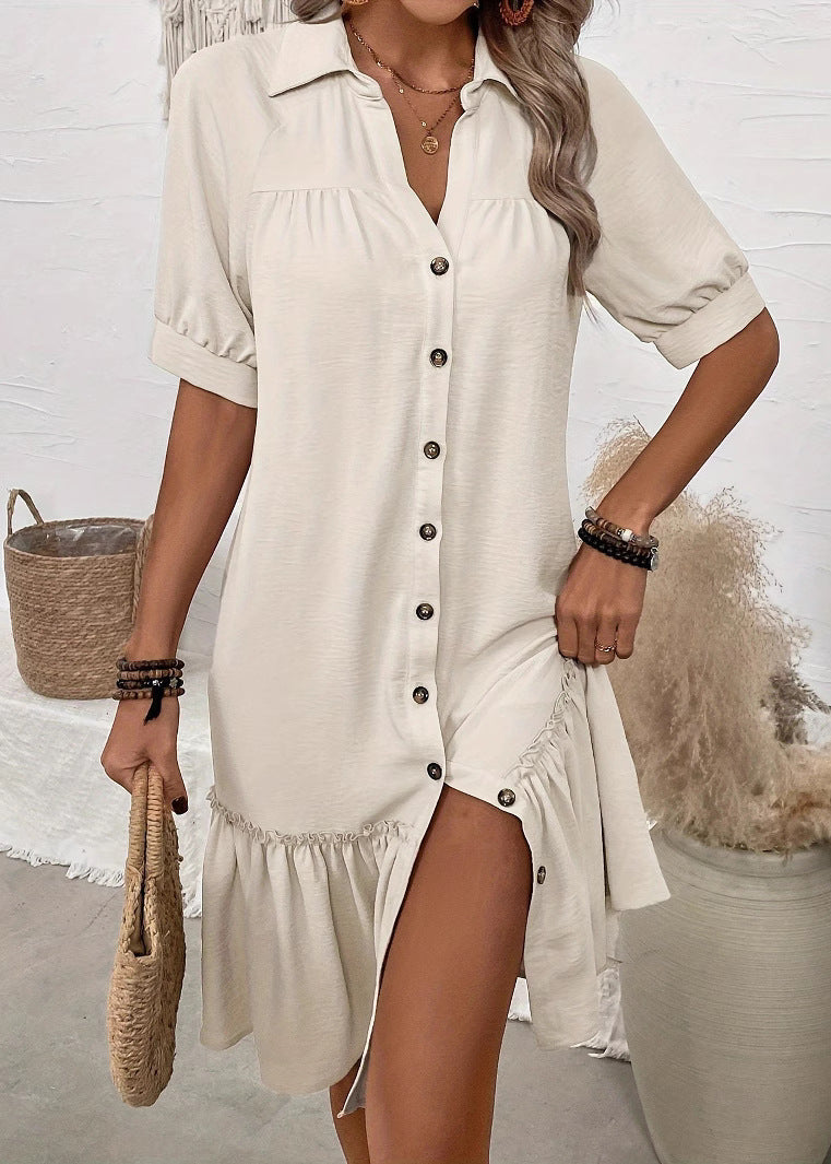 Apricot Button Ruffled Patchwork Cotton Dress Summer