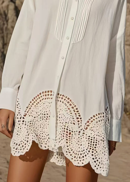 Diy White Hollow Out Wrinkled Cotton Long Shirts Spring