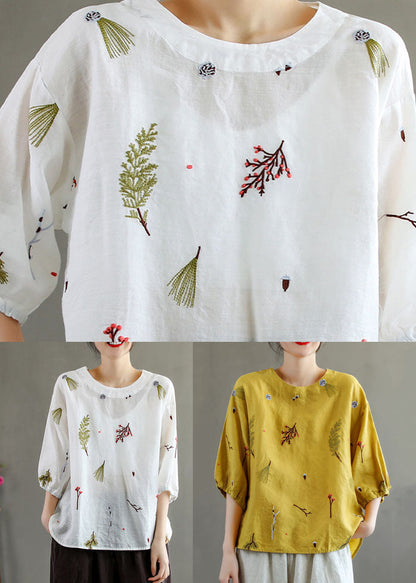 Yellow O-neck Embroidered Patchwork Linen T Shirts Summer