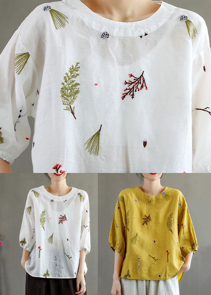 Yellow O-neck Embroidered Patchwork Linen T Shirts Summer