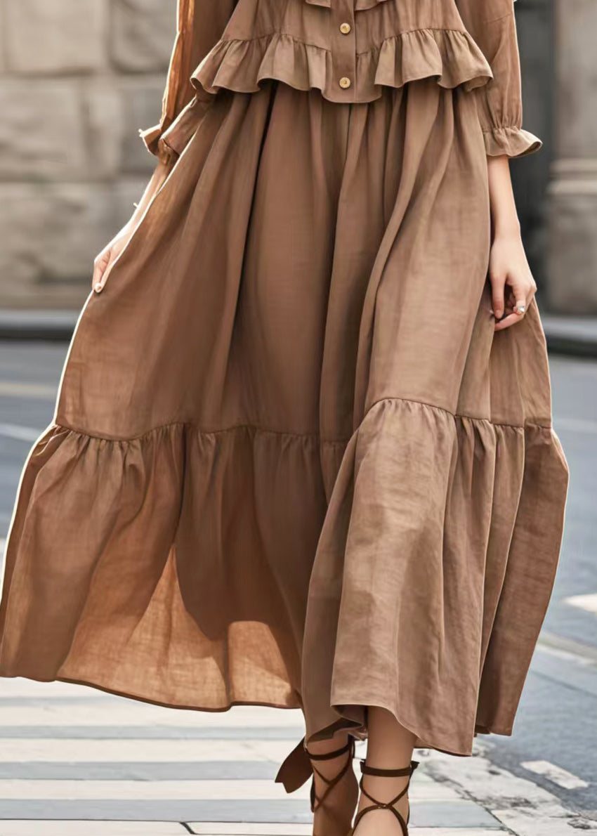 Brown U Neck Patchwork Ruffles Long Dress Summer
