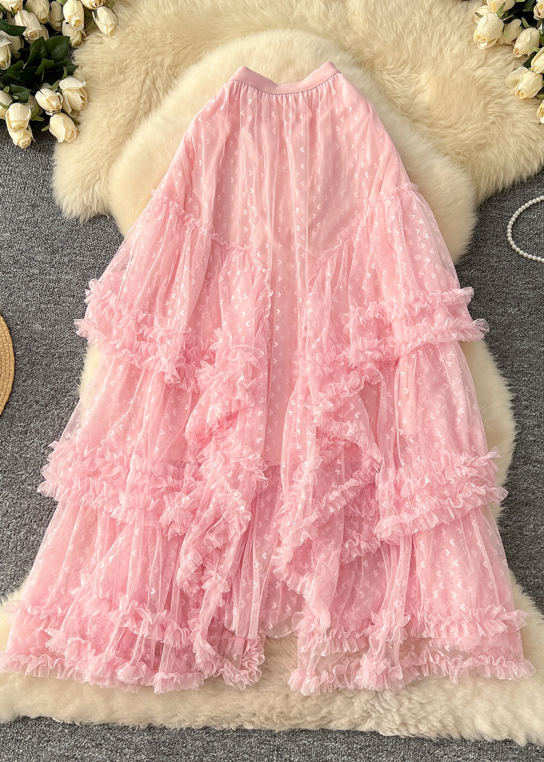 Pink Asymmetrical Ruffled Tulle Skirt Spring