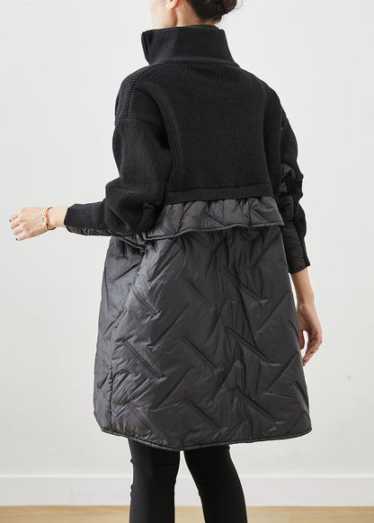 Black Zip Up Patchwork Fine Cotton Filled Knit Coat Winter