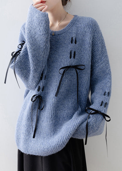 Style Blue O Neck Bow Knit Sweaters Spring