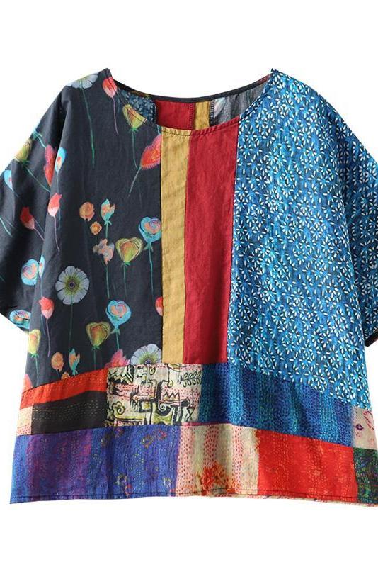 Summer Printed Wommen Loose Linen T-shirt