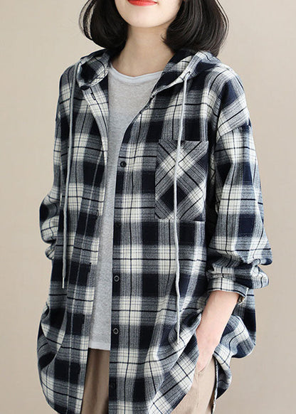 Style Black White Plaid Hooded Button Fall Top Long Sleeve