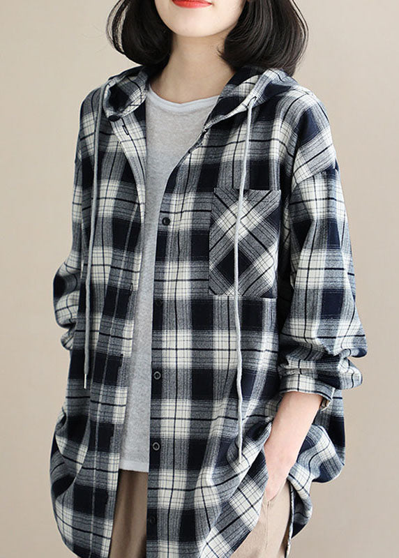 Style Black White Plaid Hooded Button Fall Top Long Sleeve