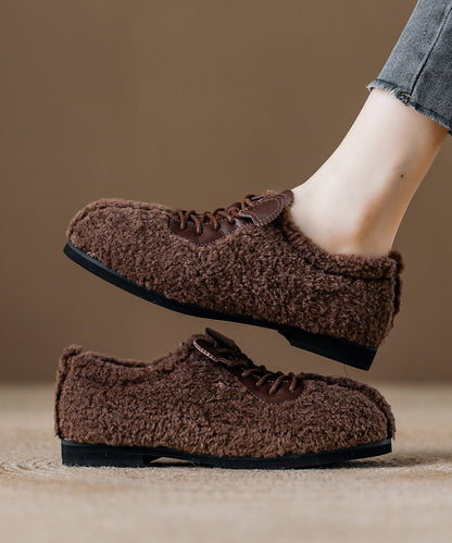 Lace Up Splicing Flat Feet Shoes Beige Fuzzy Fur