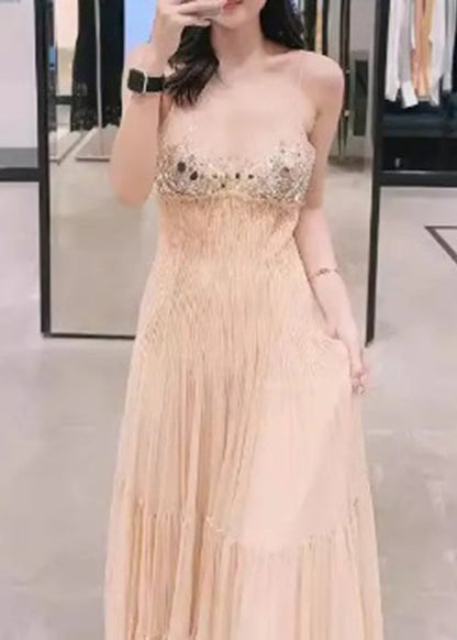 Original Beige V Neck Nail Bead Cinched Silk Holiday Long Dress Summer