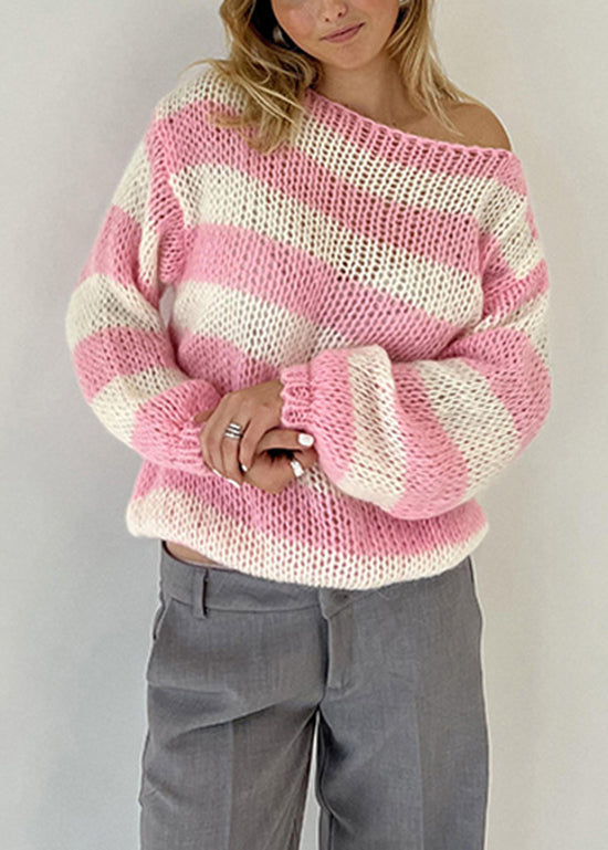 Loose Blue O Neck Striped Cozy Knit Sweater Fall