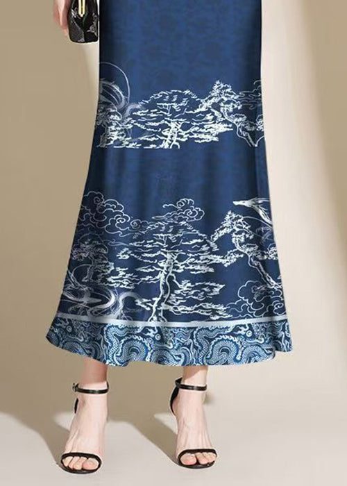 Navy Print Side Open Cotton Skirt Summer