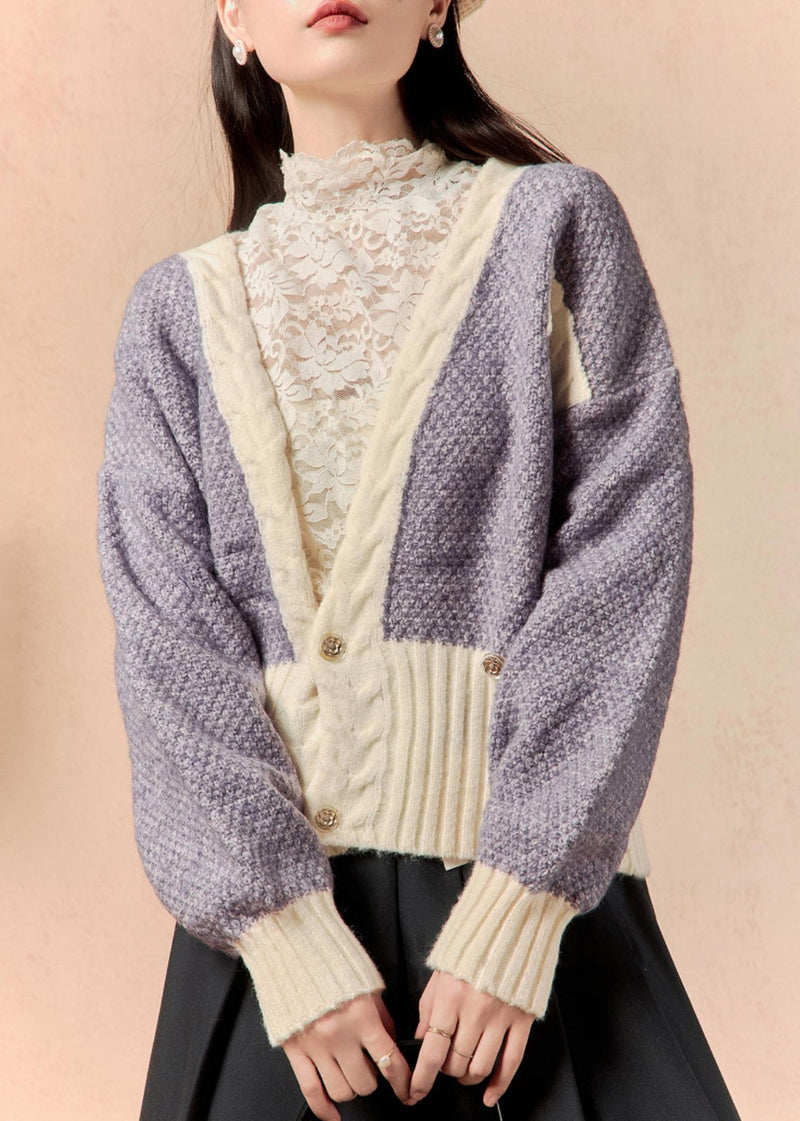 Purple V Neck Button Patchwork Knit Cardigan Winter